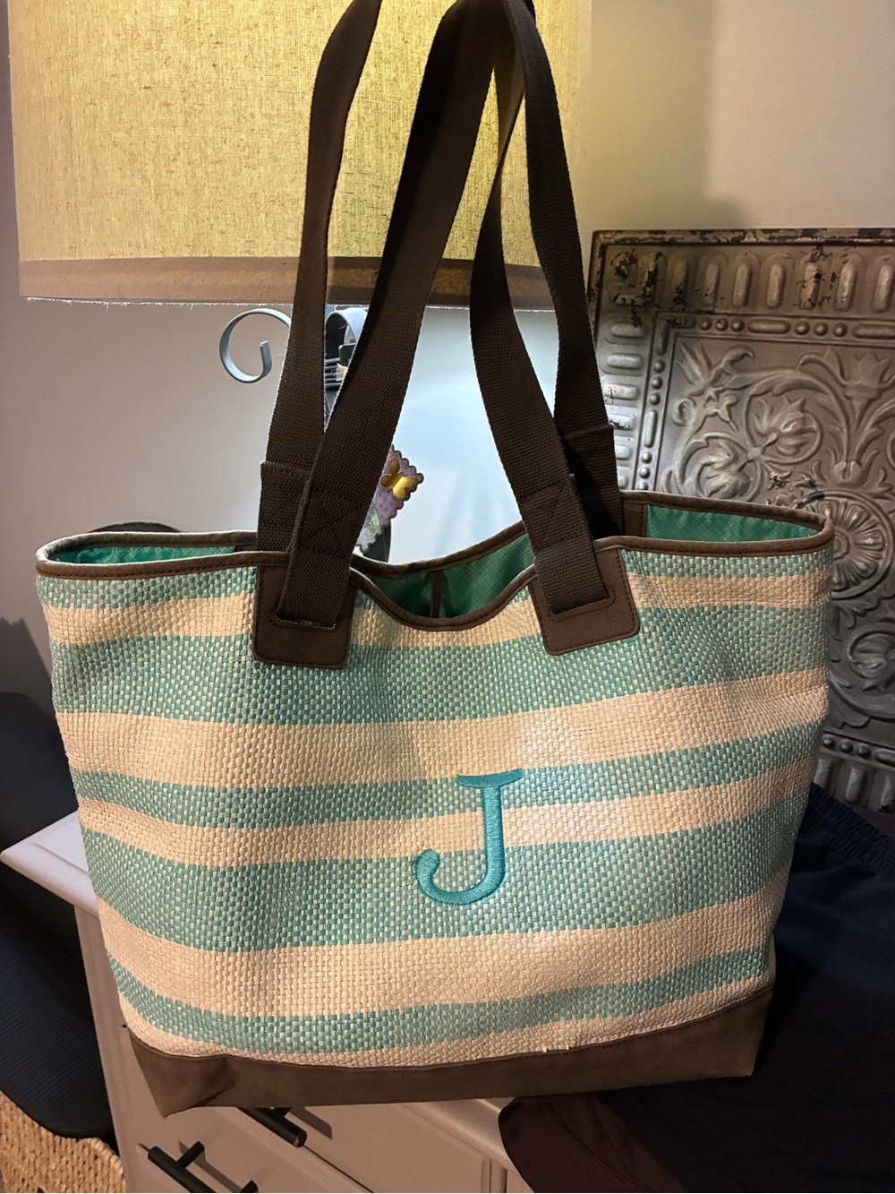 Striped Aqua and Cream pool or beach Tote Bag with Monogram J